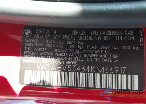 2004 BMW 330I из США, поврежденный, VIN WBAEV53434KM36917